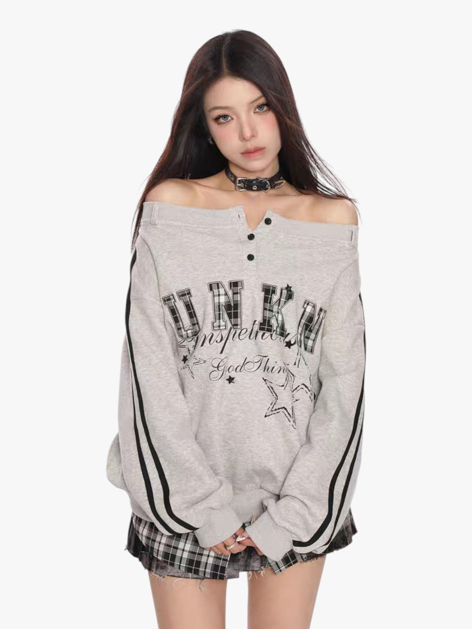 [25SS NEW ARRIVAL] GKIKZ FAKE TWO PIECES OFF-SHOULDER SWEATSHIRT