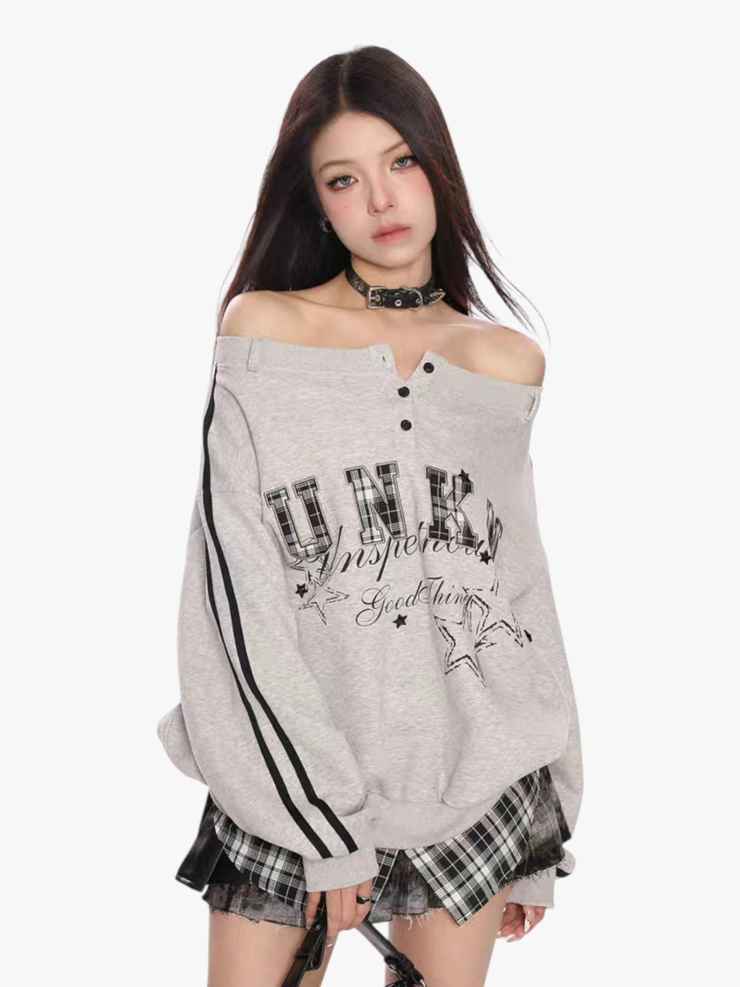 GKIKZ FAKE TWO PIECES OFF-SHOULDER SWEATSHIRT