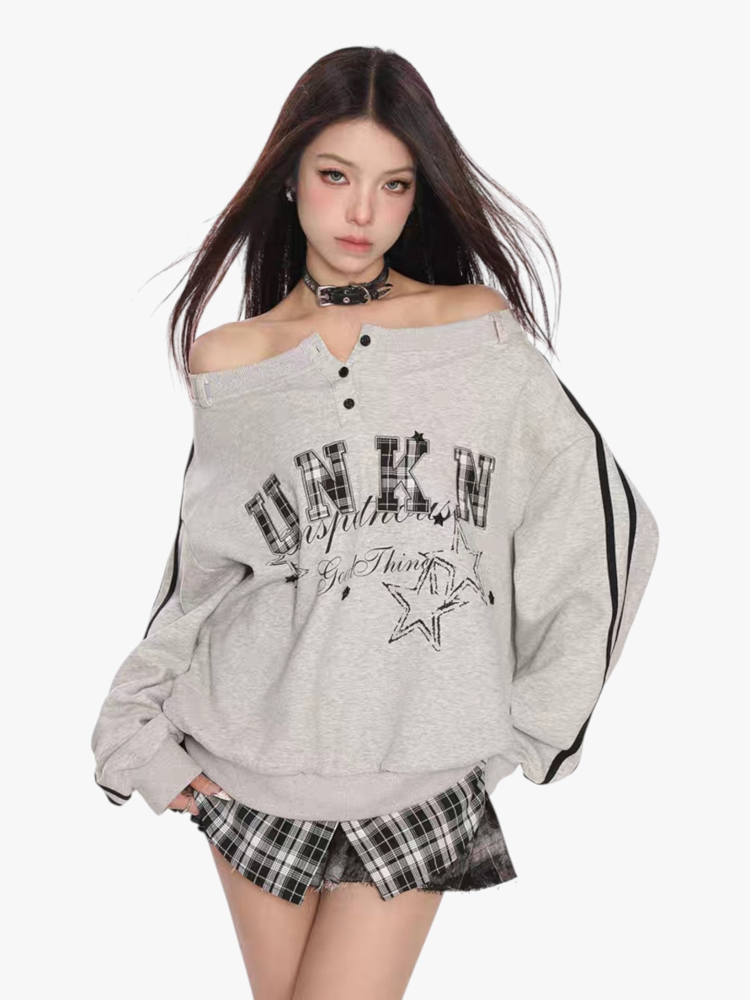 [25SS NEW ARRIVAL] GKIKZ FAKE TWO PIECES OFF-SHOULDER SWEATSHIRT