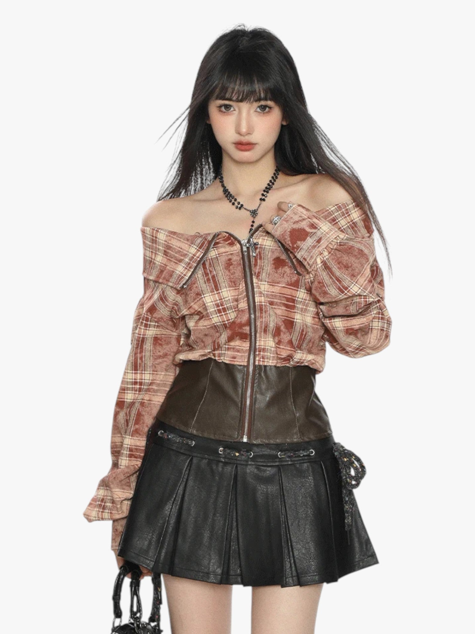 [25SS NEW ARRIVAL] GKIKZ EDGY OFF-SHOULDER PLAID JACKET