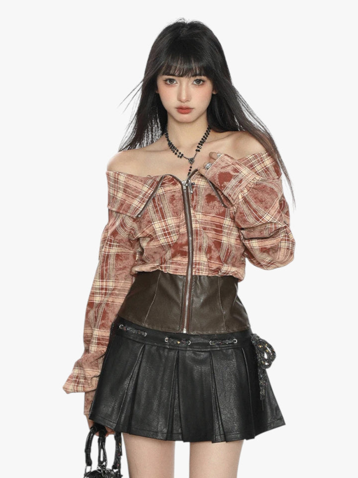 GKIKZ EDGY OFF-SHOULDER PLAID JACKET