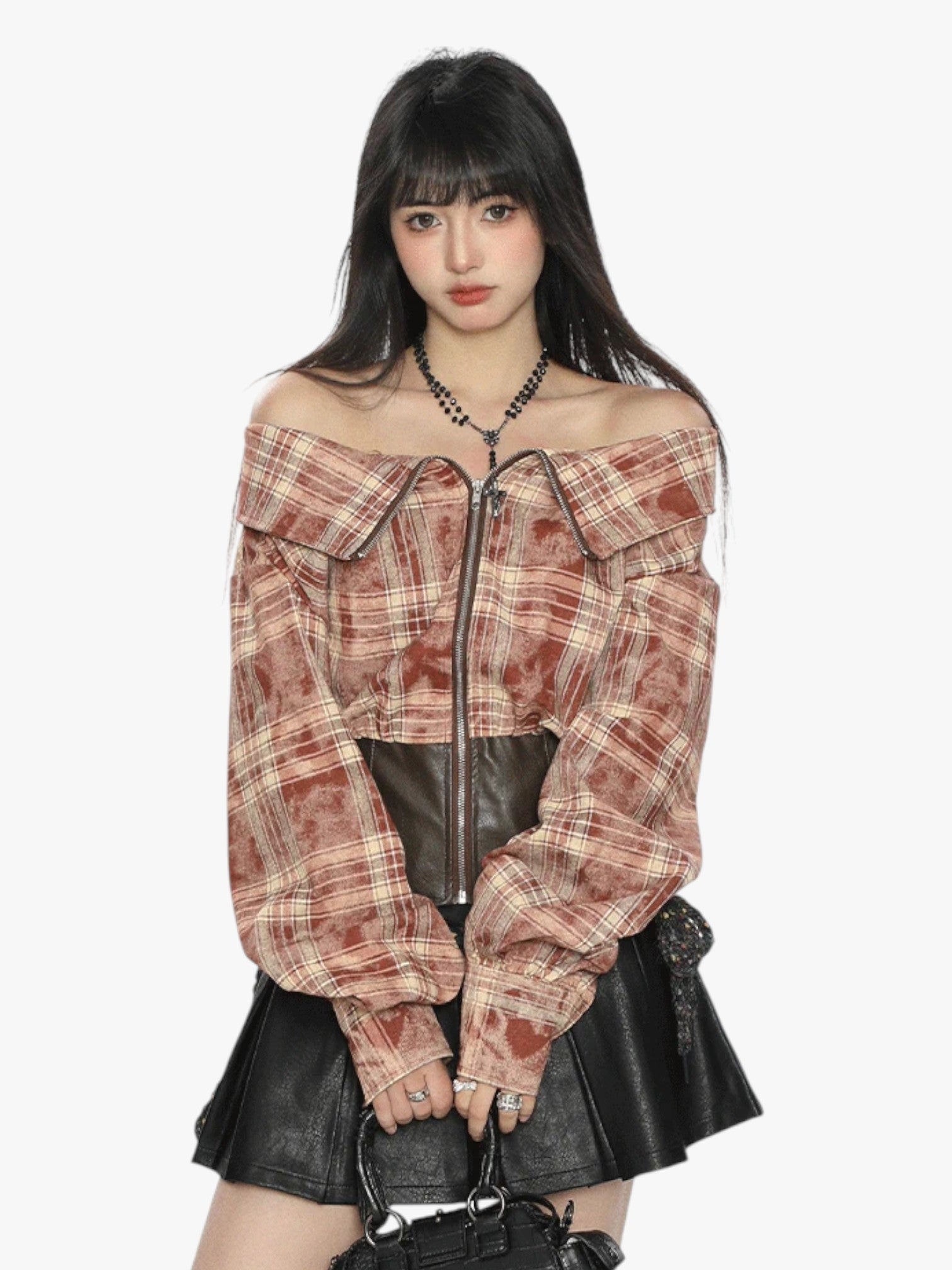 [25SS NEW ARRIVAL] GKIKZ EDGY OFF-SHOULDER PLAID JACKET