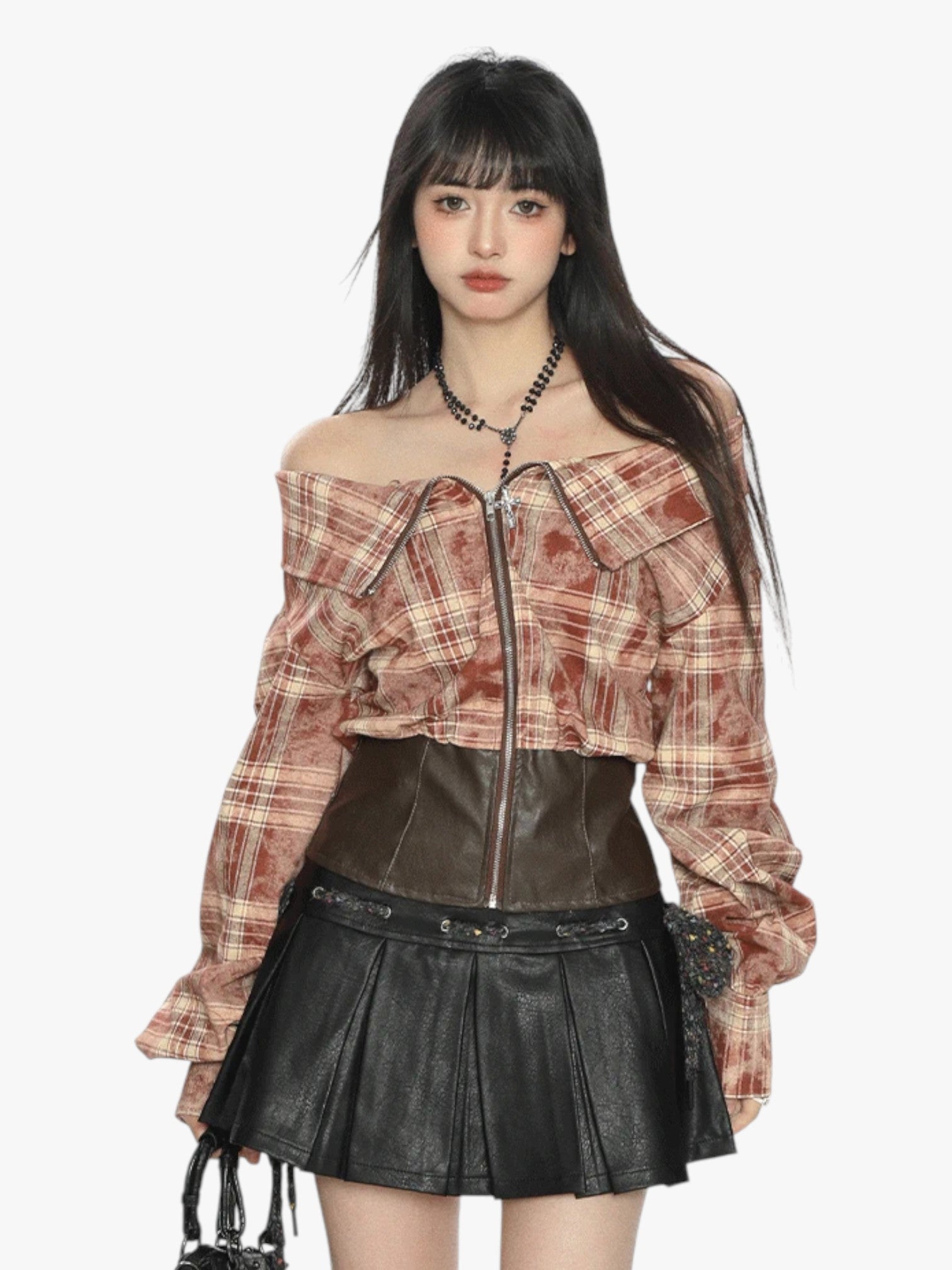 [25SS NEW ARRIVAL] GKIKZ EDGY OFF-SHOULDER PLAID JACKET