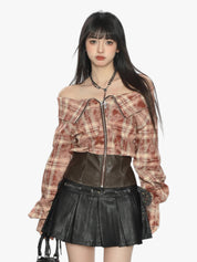 [25SS NEW ARRIVAL] GKIKZ EDGY OFF-SHOULDER PLAID JACKET