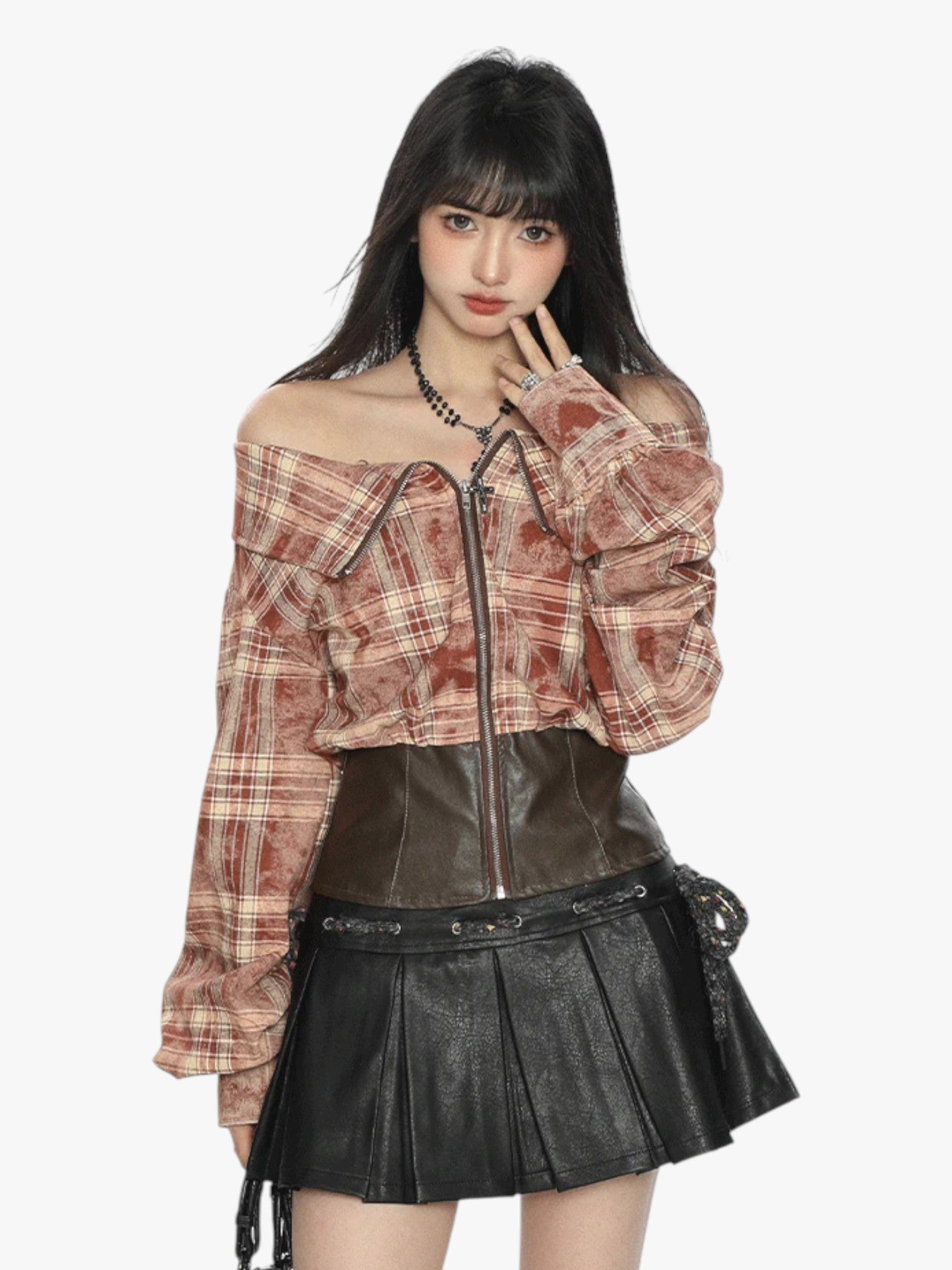 [25SS NEW ARRIVAL] GKIKZ EDGY OFF-SHOULDER PLAID JACKET