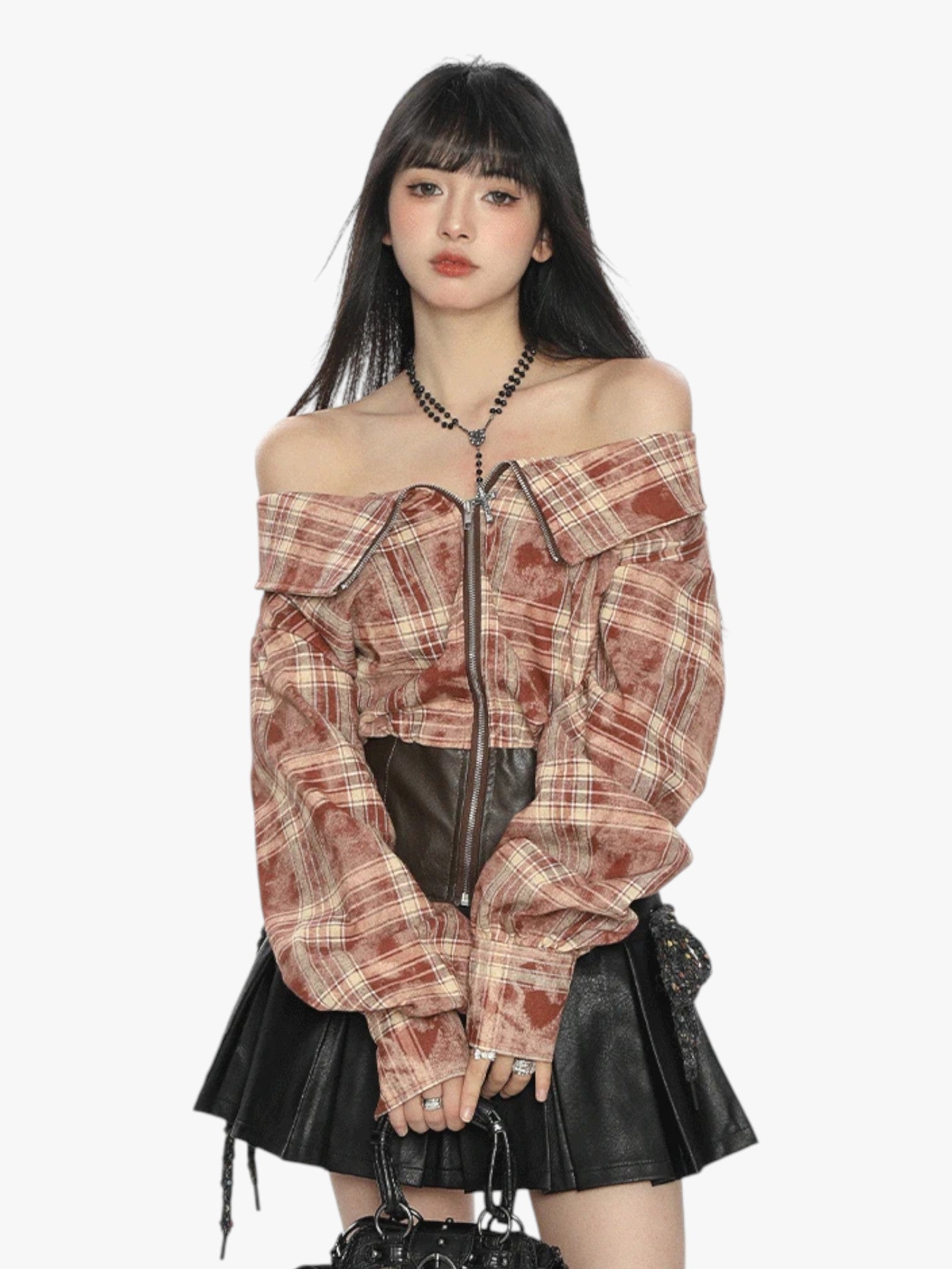 [25SS NEW ARRIVAL] GKIKZ EDGY OFF-SHOULDER PLAID JACKET