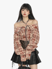 [25SS NEW ARRIVAL] GKIKZ EDGY OFF-SHOULDER PLAID JACKET