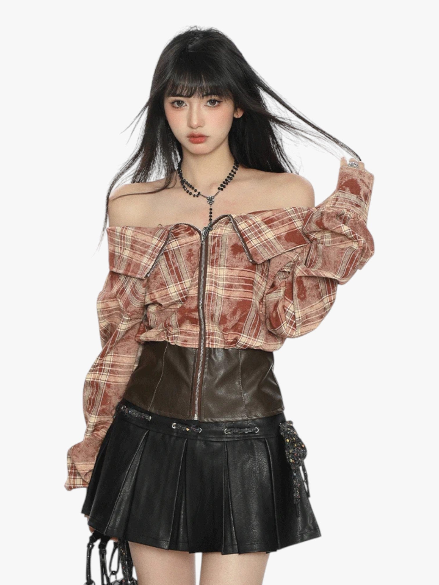 [25SS NEW ARRIVAL] GKIKZ EDGY OFF-SHOULDER PLAID JACKET