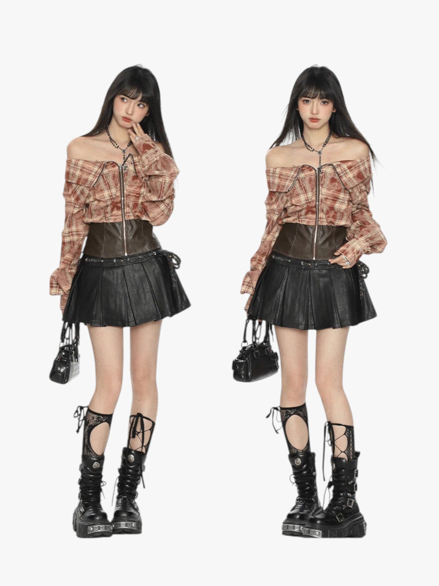 [25SS NEW ARRIVAL] GKIKZ EDGY OFF-SHOULDER PLAID JACKET