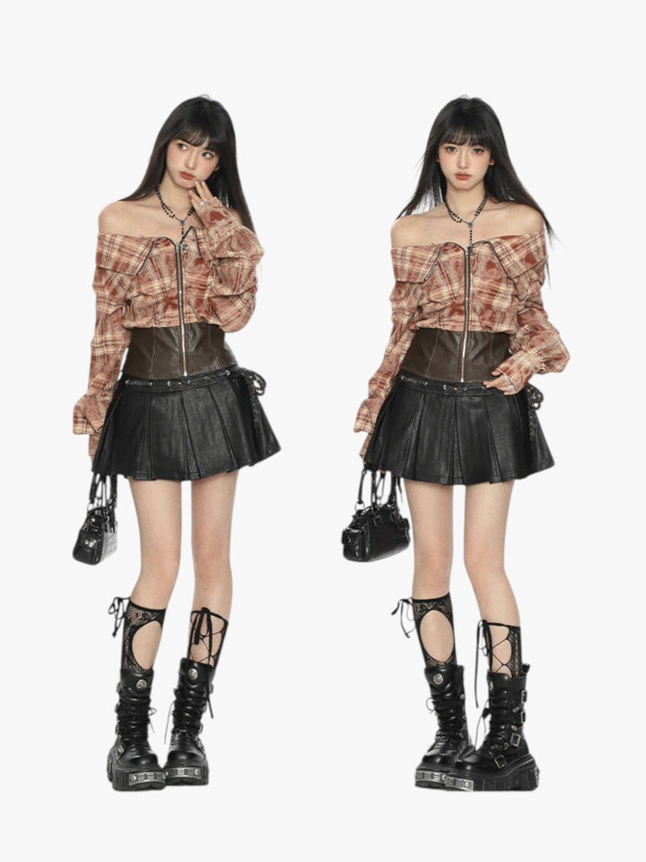 GKIKZ EDGY OFF-SHOULDER PLAID JACKET