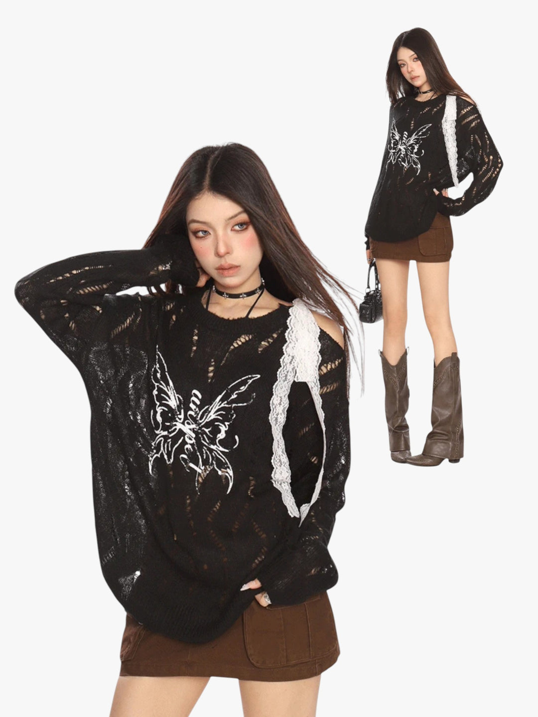 GKIKZ BUTTERFLY DISTRESSED KNIT PULLOVER SWEATER
