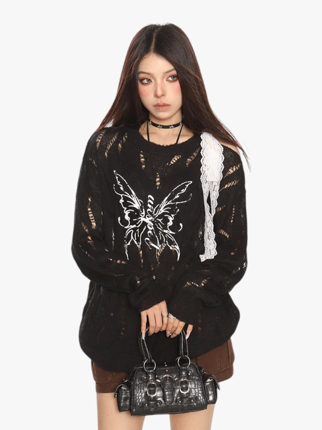 GKIKZ BUTTERFLY DISTRESSED KNIT PULLOVER SWEATER