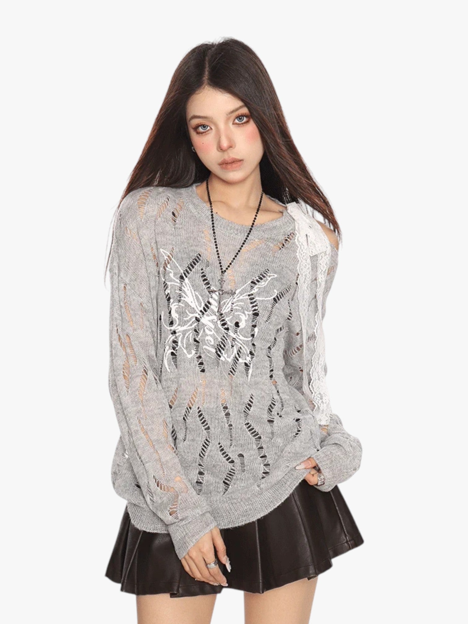 [25SS NEW ARRIVAL] GKIKZ BUTTERFLY DISTRESSED KNIT PULLOVER SWEATER