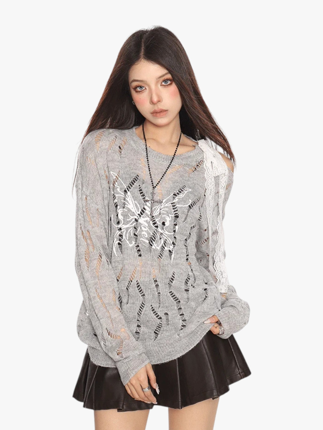 GKIKZ BUTTERFLY DISTRESSED KNIT PULLOVER SWEATER