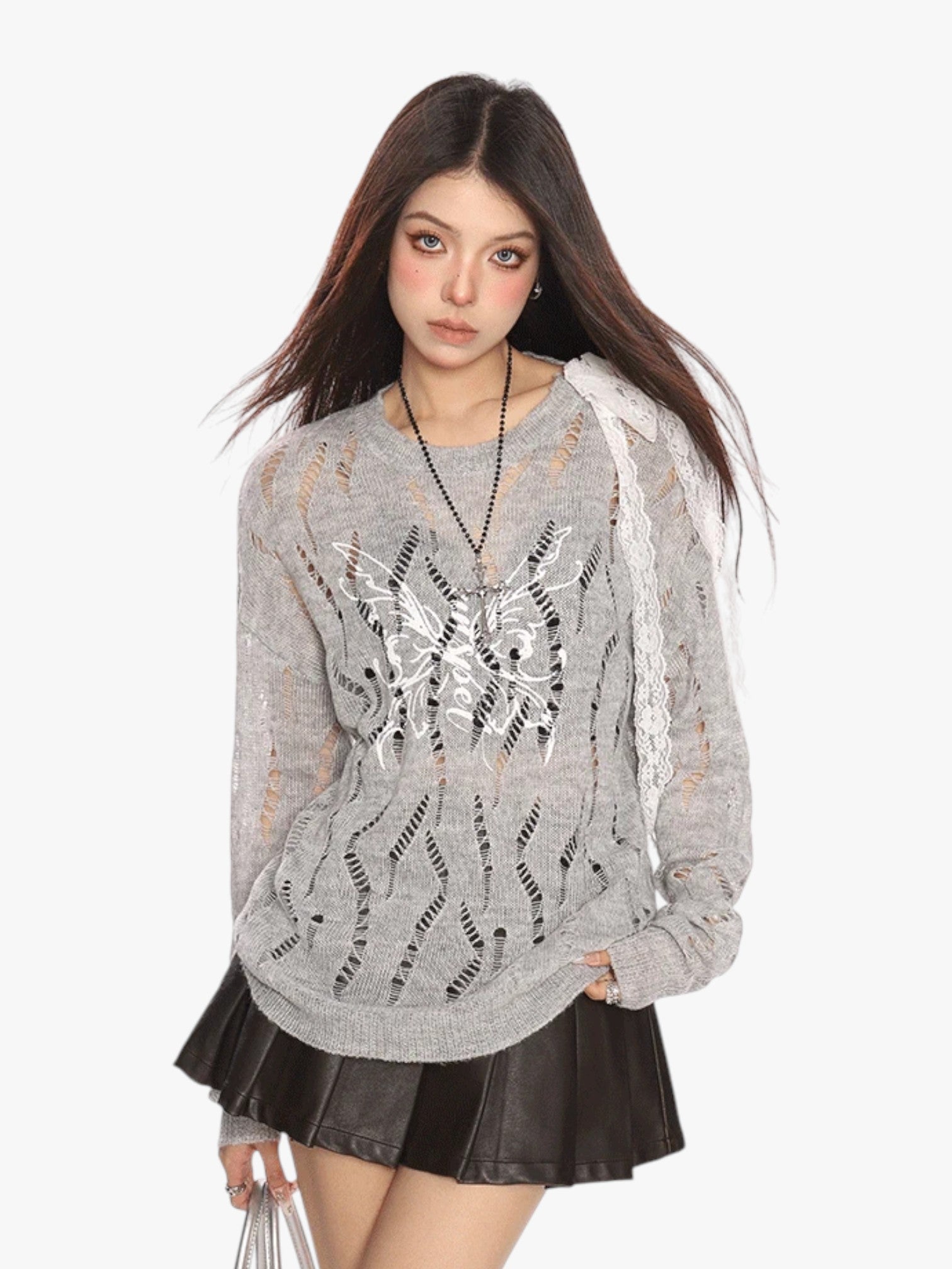 [25SS NEW ARRIVAL] GKIKZ BUTTERFLY DISTRESSED KNIT PULLOVER SWEATER