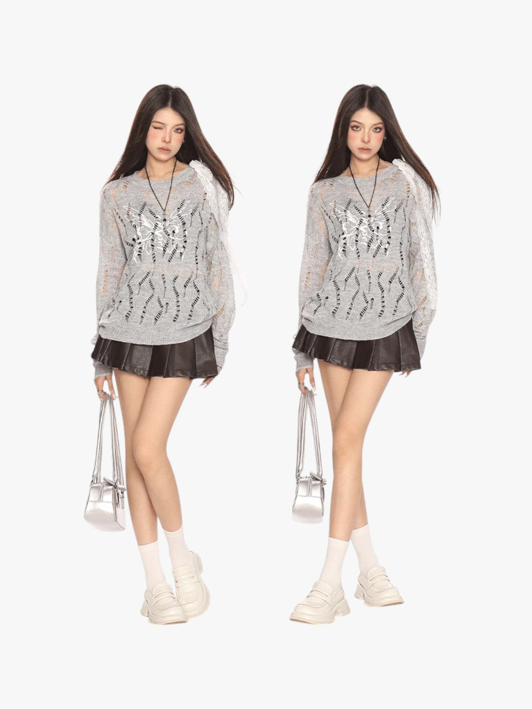 GKIKZ BUTTERFLY DISTRESSED KNIT PULLOVER SWEATER