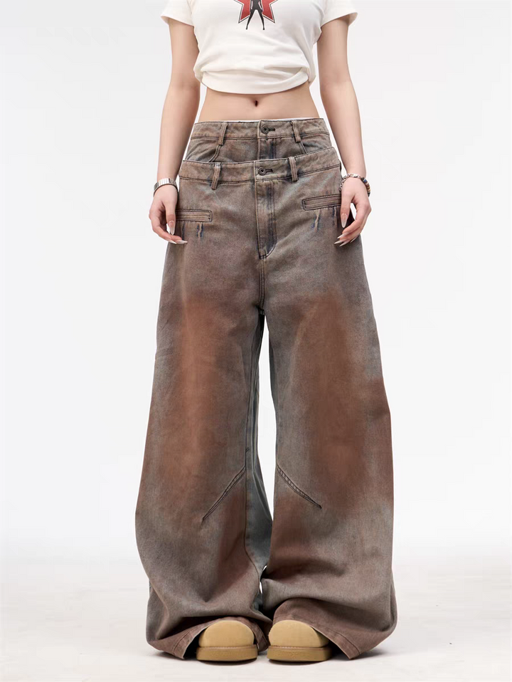 GKIKZ DOUBLE WAISTBAND VINTAGE GRADIENT JEAN PANTS