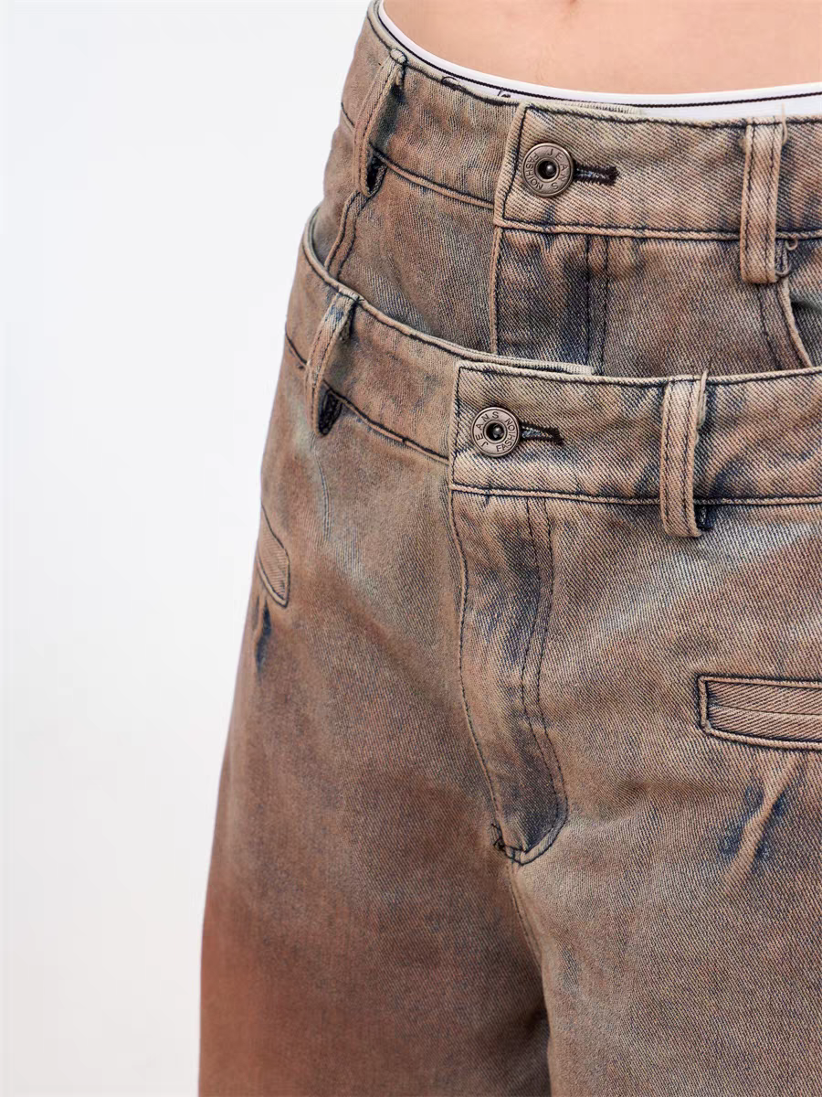 GKIKZ DOUBLE WAISTBAND VINTAGE GRADIENT JEAN PANTS