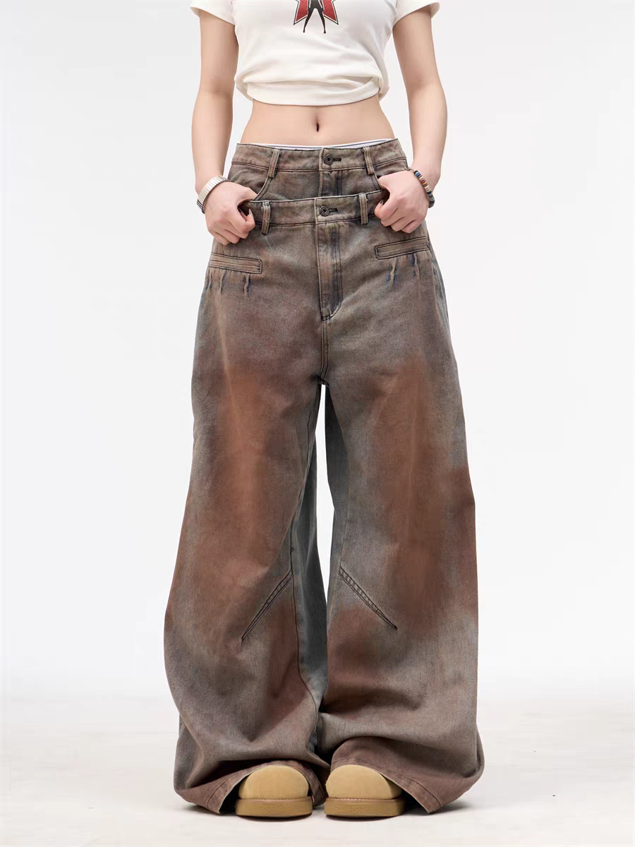 Double Waistband Vintage Gradient Jean Pants