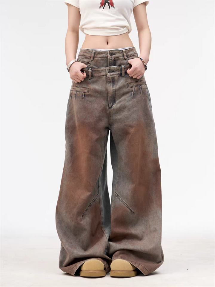 GKIKZ DOUBLE WAISTBAND VINTAGE GRADIENT JEAN PANTS