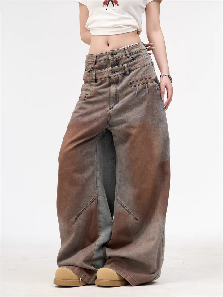 GKIKZ DOUBLE WAISTBAND VINTAGE GRADIENT JEAN PANTS