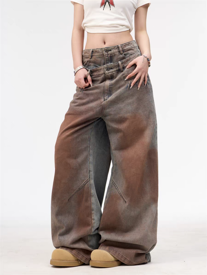 GKIKZ DOUBLE WAISTBAND VINTAGE GRADIENT JEAN PANTS