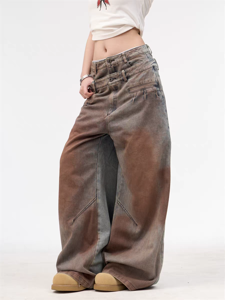GKIKZ DOUBLE WAISTBAND VINTAGE GRADIENT JEAN PANTS