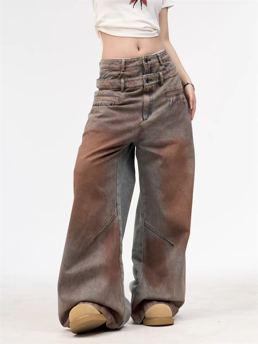 GKIKZ DOUBLE WAISTBAND VINTAGE GRADIENT JEAN PANTS