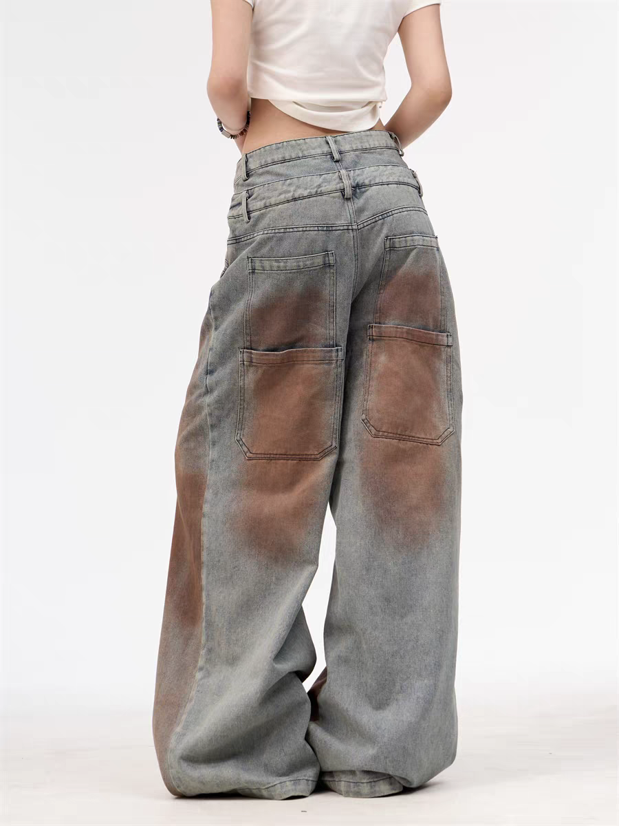 GKIKZ DOUBLE WAISTBAND VINTAGE GRADIENT JEAN PANTS