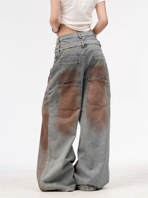 GKIKZ DOUBLE WAISTBAND VINTAGE GRADIENT JEAN PANTS
