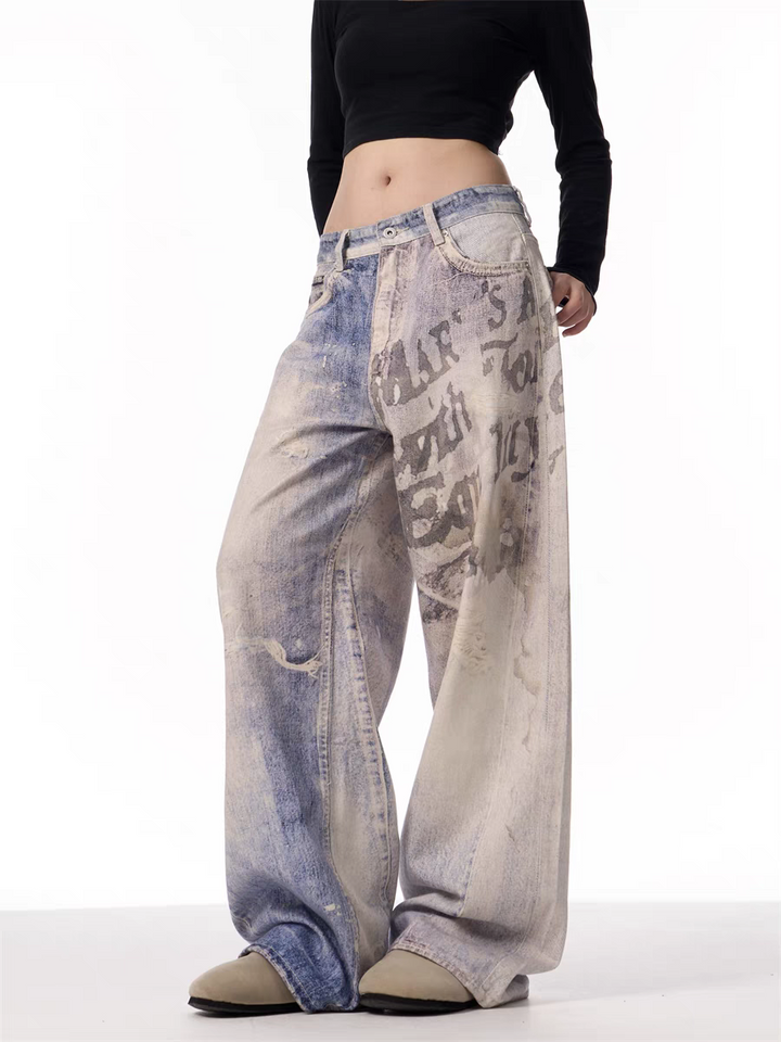 GKIKZ VINTAGE WASHED GRAFFITI WIDE-LEG PANTS