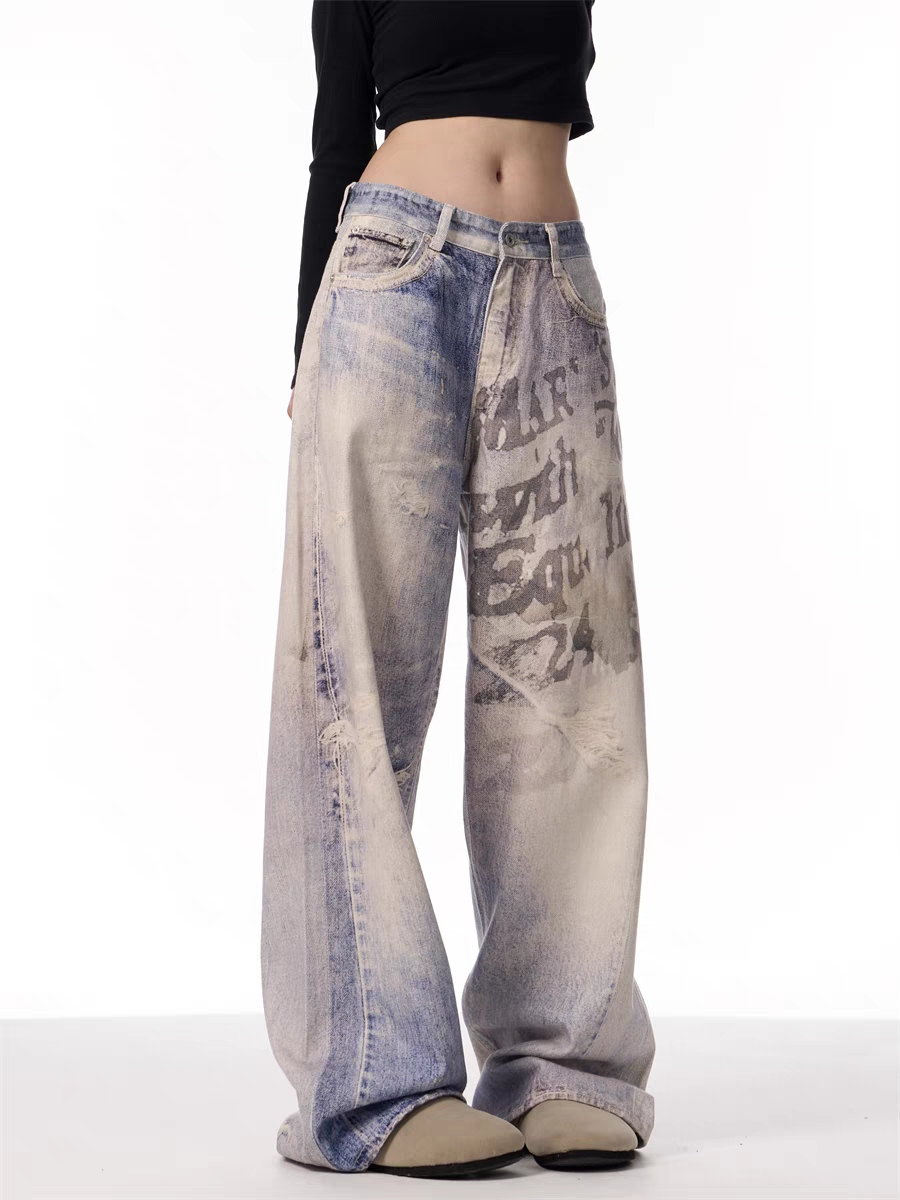 GKIKZ VINTAGE WASHED GRAFFITI WIDE-LEG PANTS