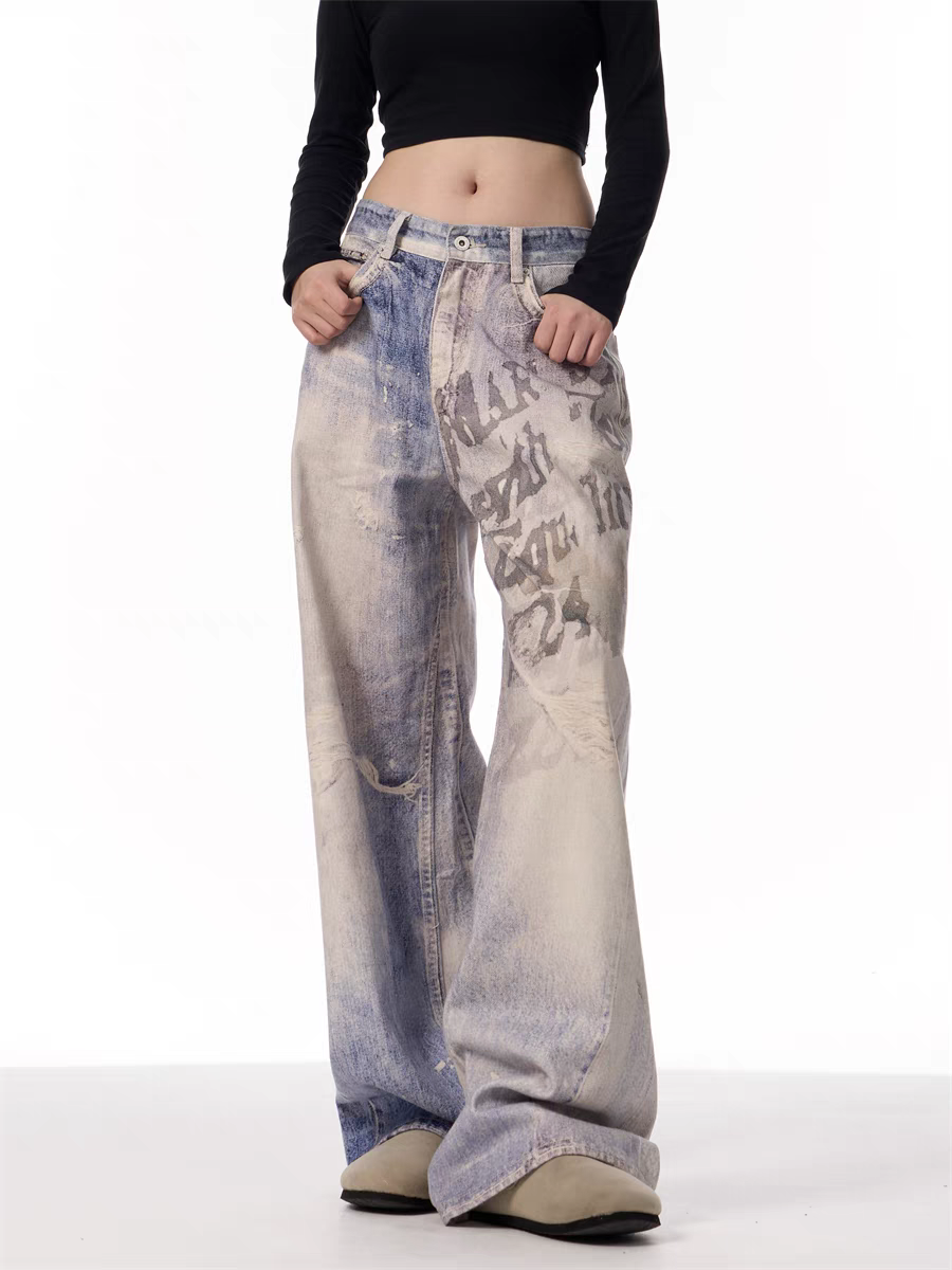 GKIKZ VINTAGE WASHED GRAFFITI WIDE-LEG PANTS