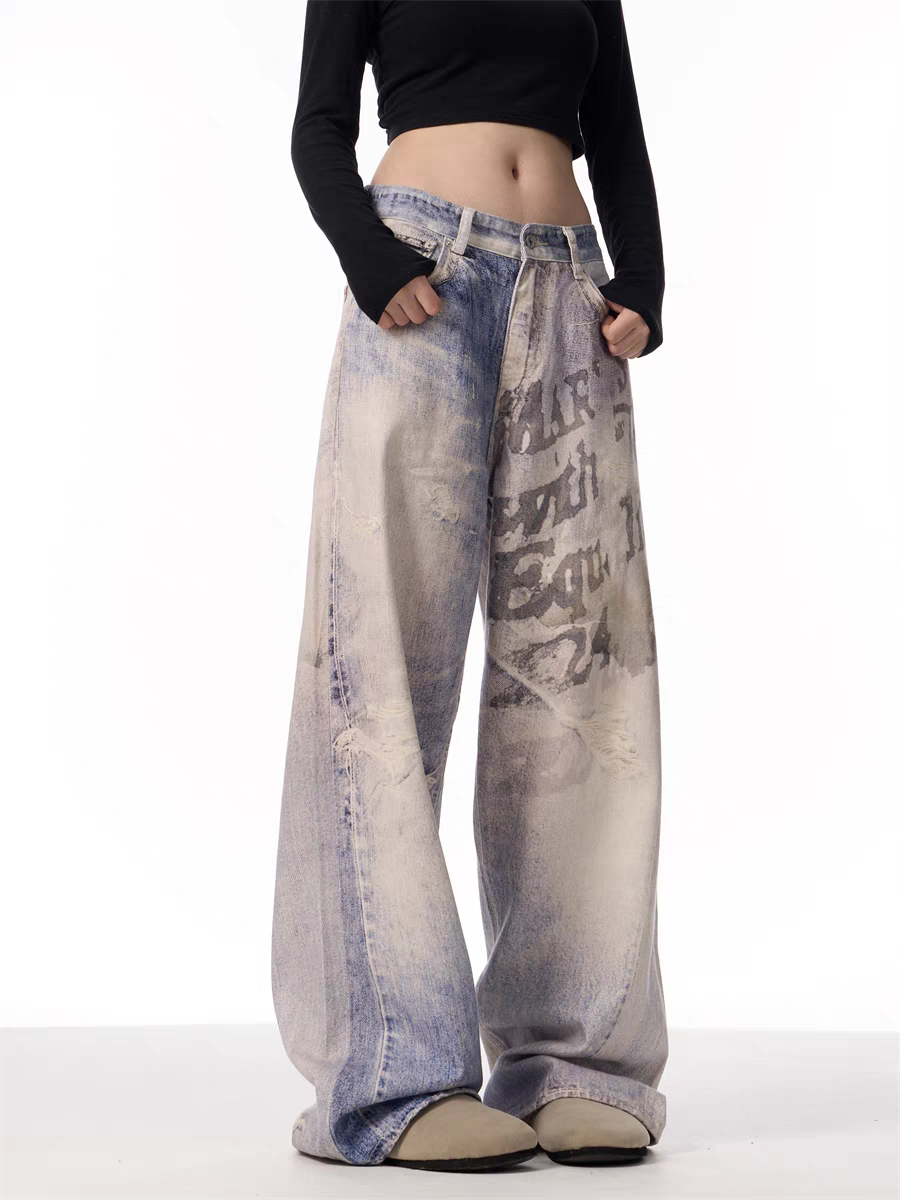 GKIKZ VINTAGE WASHED GRAFFITI WIDE-LEG PANTS