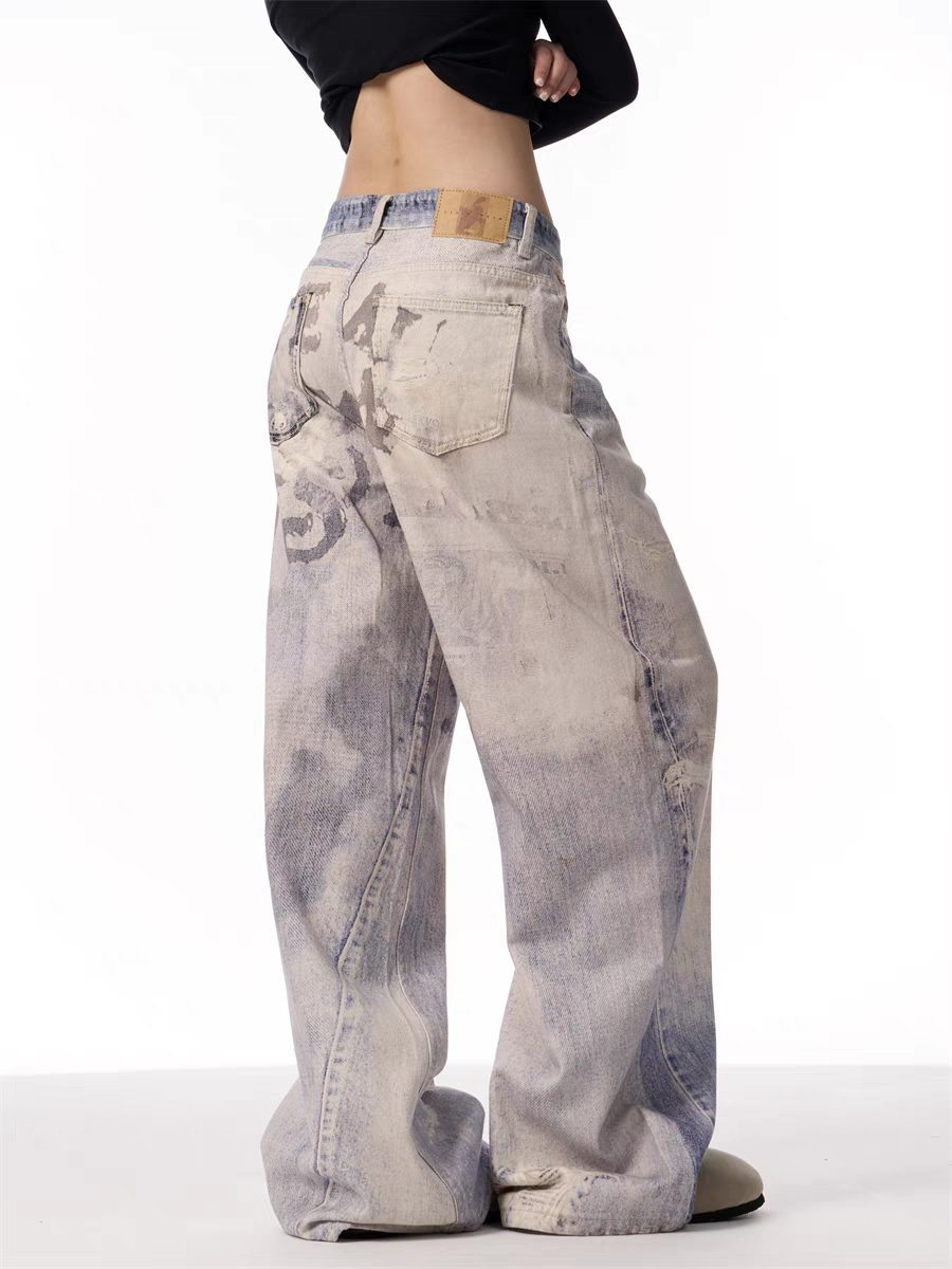 GKIKZ VINTAGE WASHED GRAFFITI WIDE-LEG PANTS