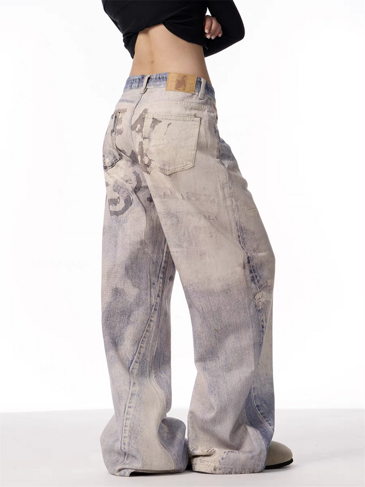 GKIKZ VINTAGE WASHED GRAFFITI WIDE-LEG PANTS