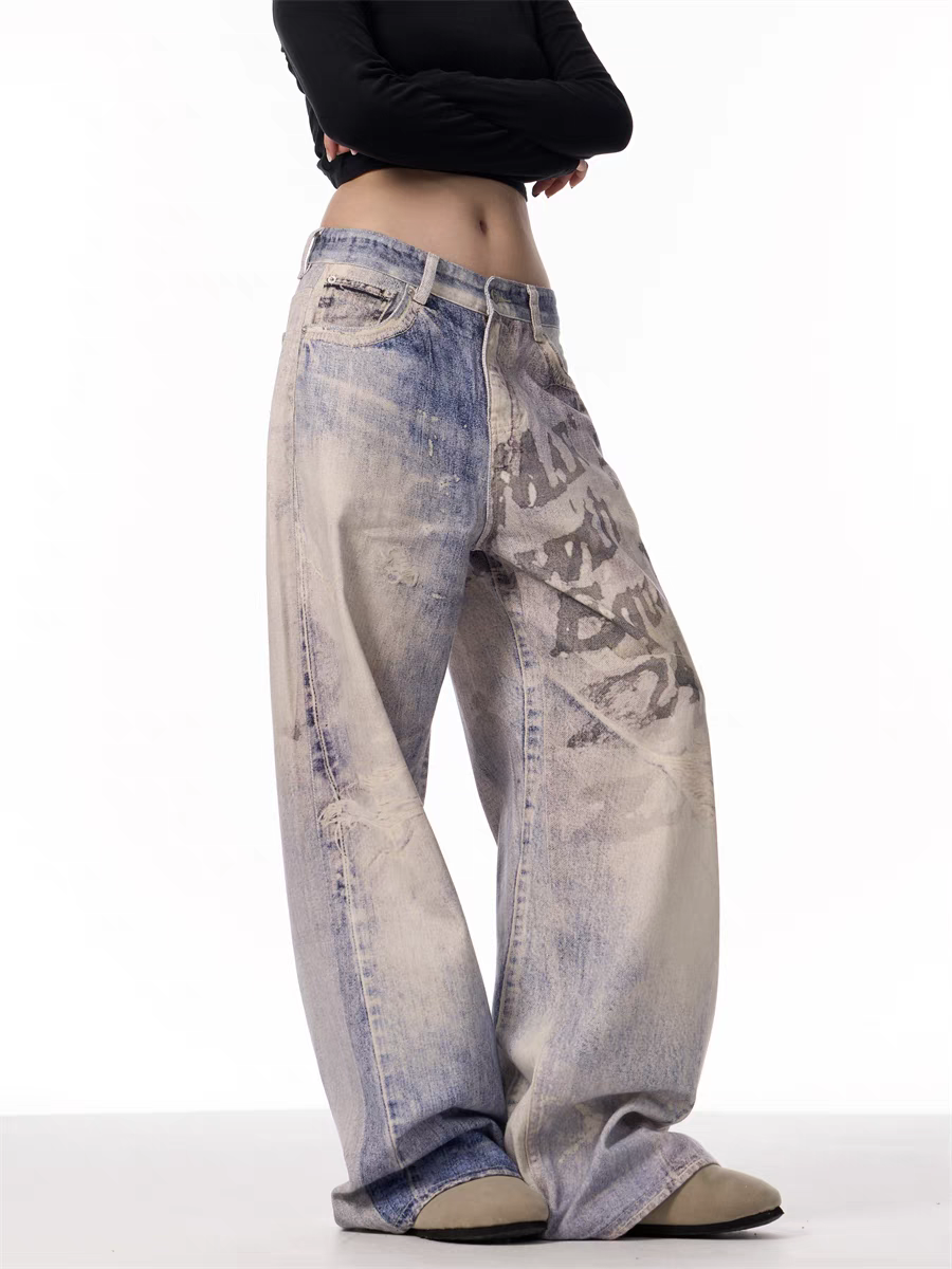 GKIKZ VINTAGE WASHED GRAFFITI WIDE-LEG PANTS