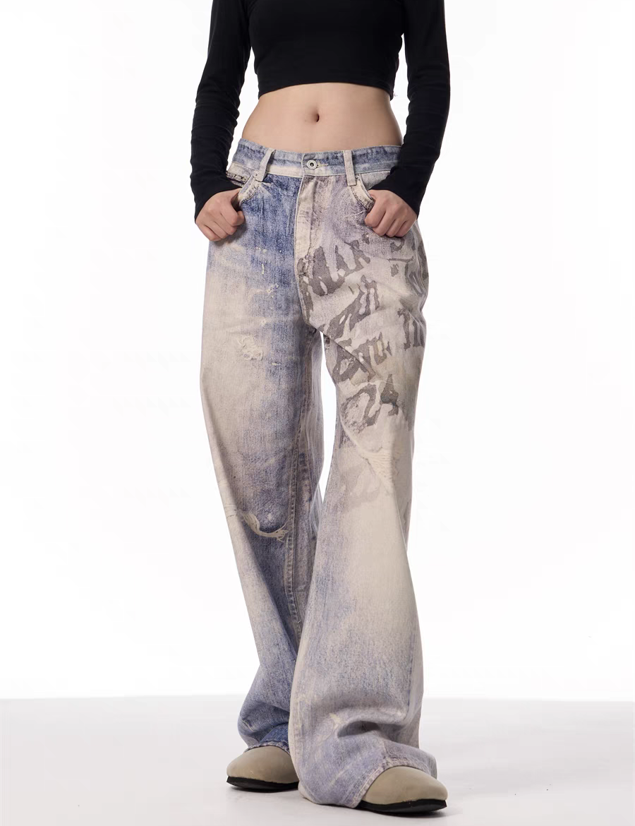 GKIKZ VINTAGE WASHED GRAFFITI WIDE-LEG PANTS