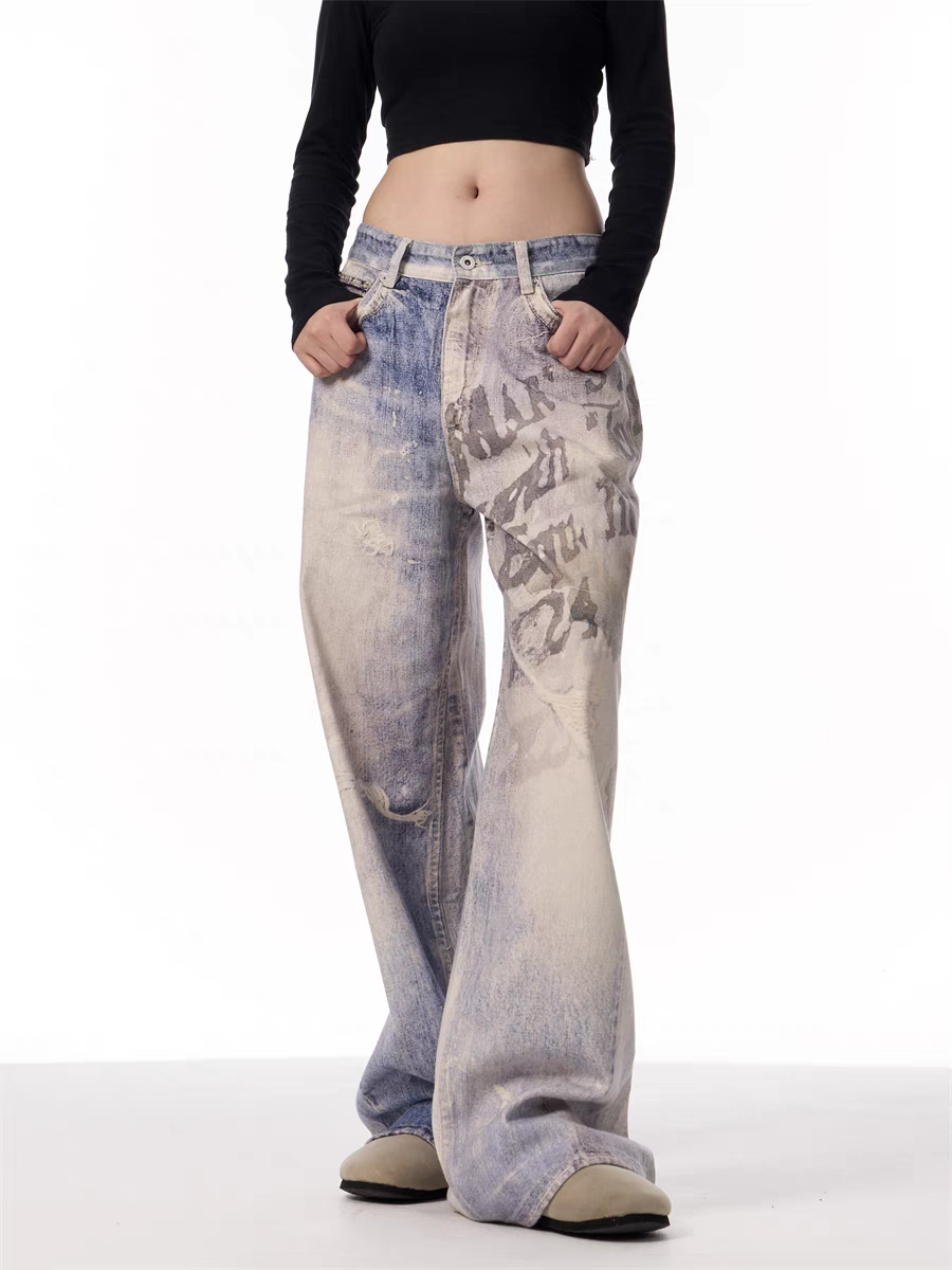 GKIKZ VINTAGE WASHED GRAFFITI WIDE-LEG PANTS