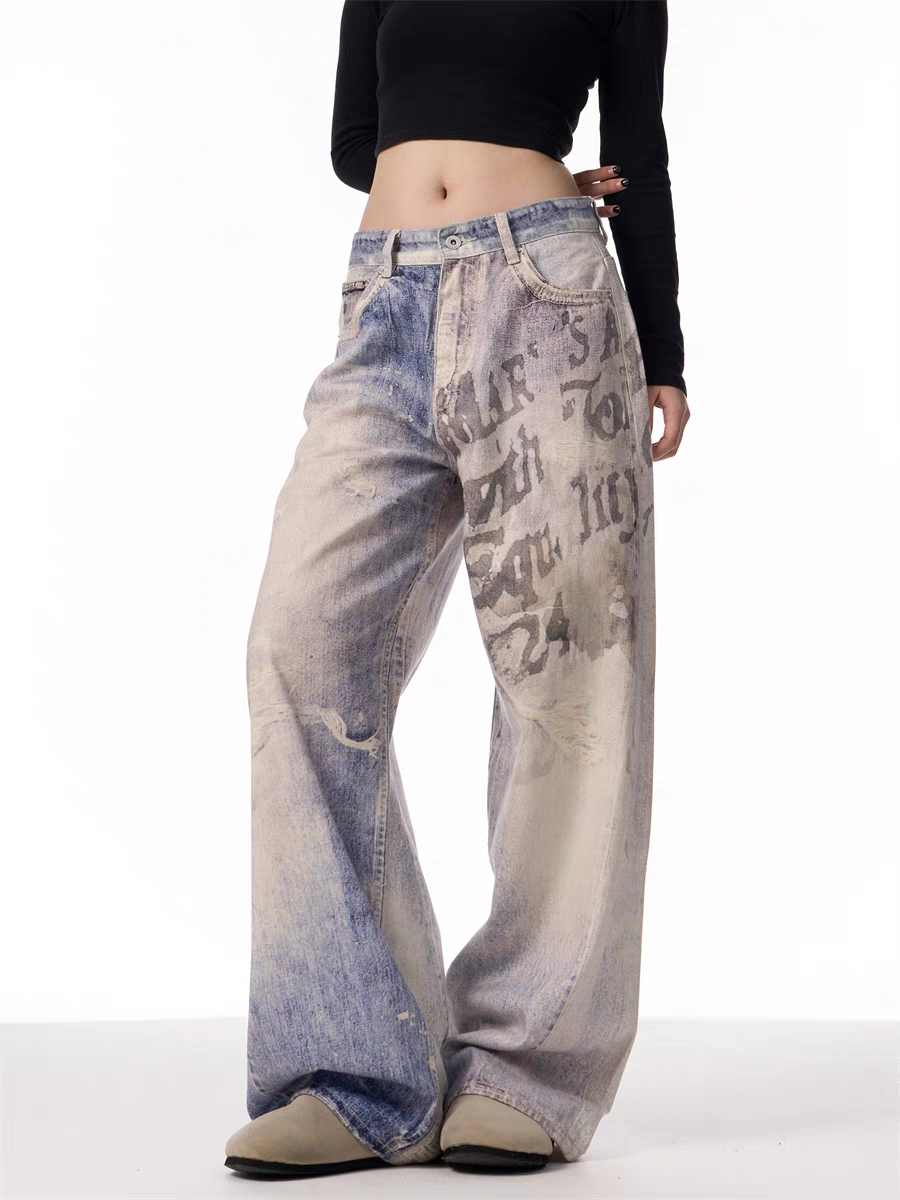 GKIKZ VINTAGE WASHED GRAFFITI WIDE-LEG PANTS