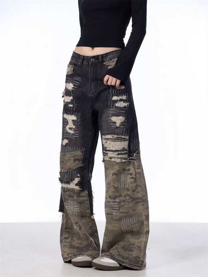 GKIKZ PATCHWORK CAMOUFLAGE WIDE-LEG PANTS