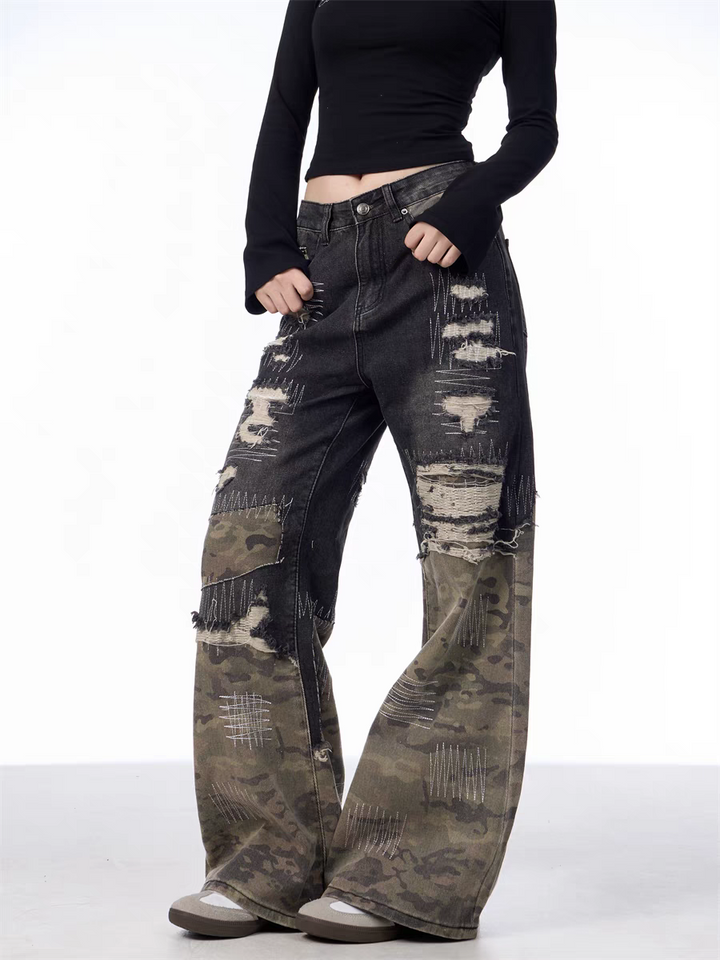 GKIKZ PATCHWORK CAMOUFLAGE WIDE-LEG PANTS