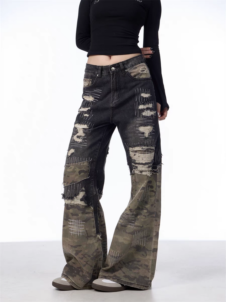 GKIKZ PATCHWORK CAMOUFLAGE WIDE-LEG PANTS