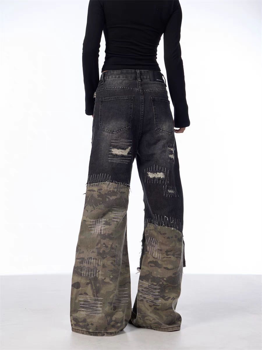 GKIKZ PATCHWORK CAMOUFLAGE WIDE-LEG PANTS