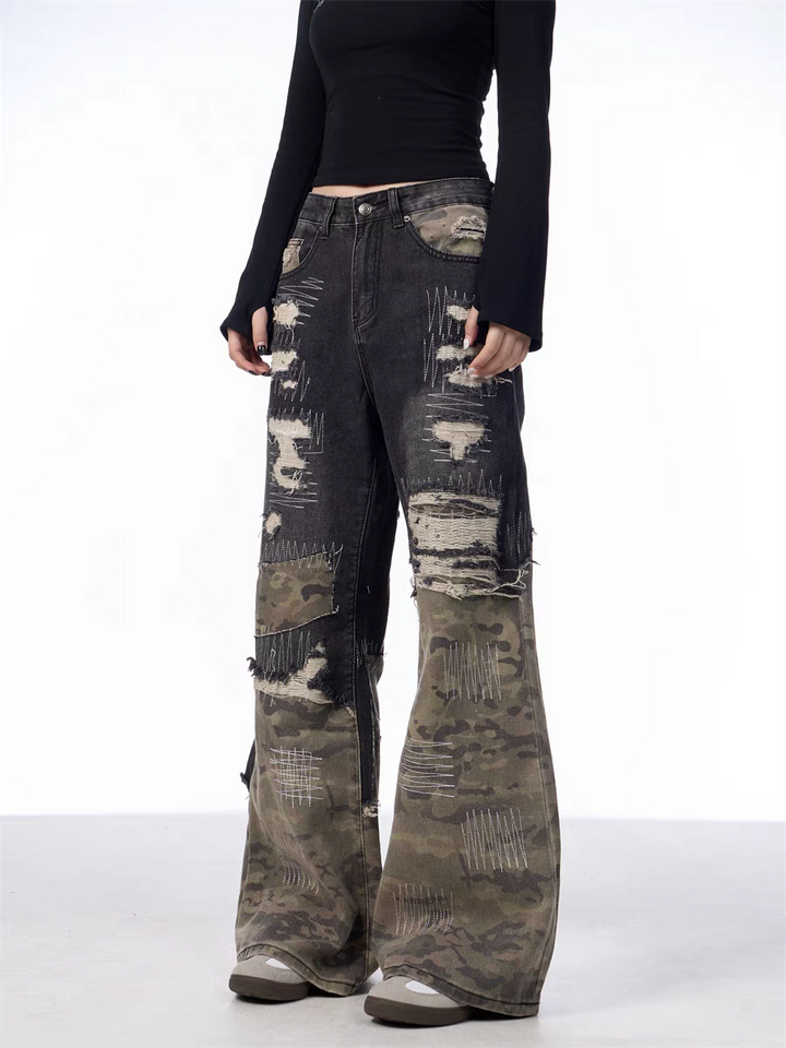 GKIKZ PATCHWORK CAMOUFLAGE WIDE-LEG PANTS