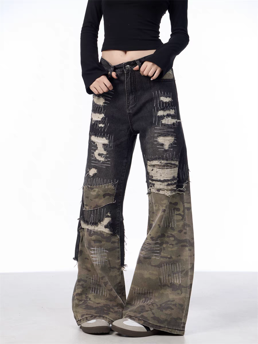 GKIKZ PATCHWORK CAMOUFLAGE WIDE-LEG PANTS