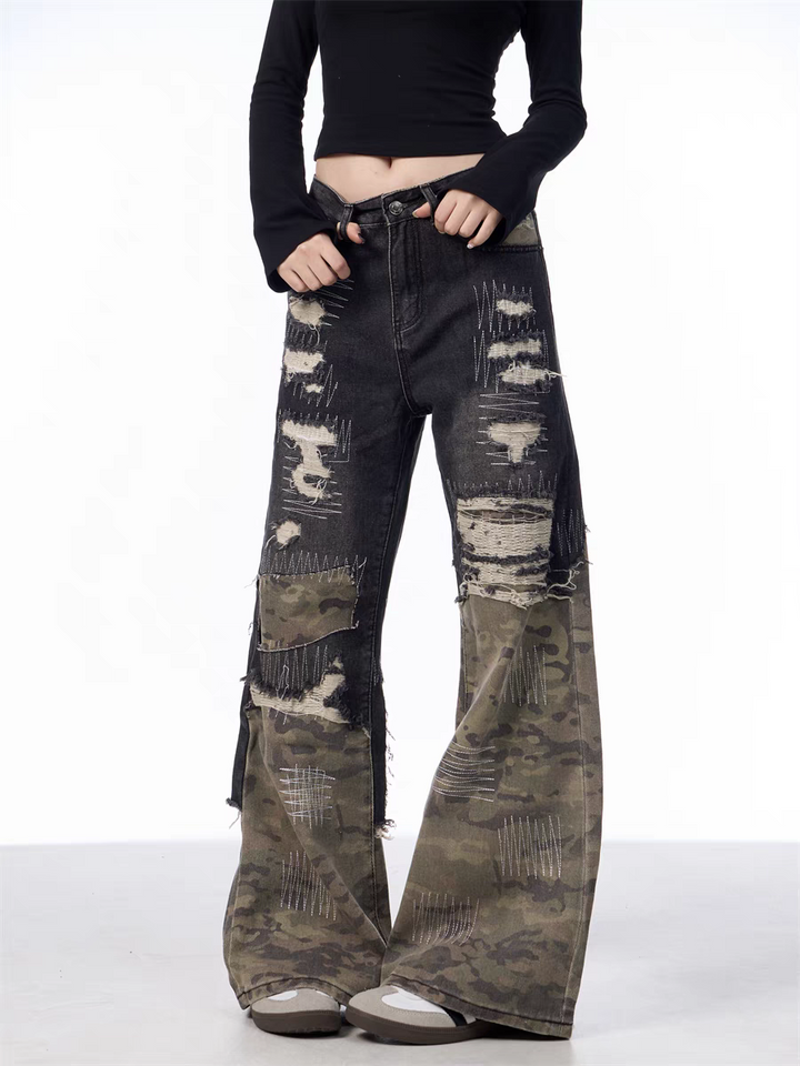 GKIKZ PATCHWORK CAMOUFLAGE WIDE-LEG PANTS