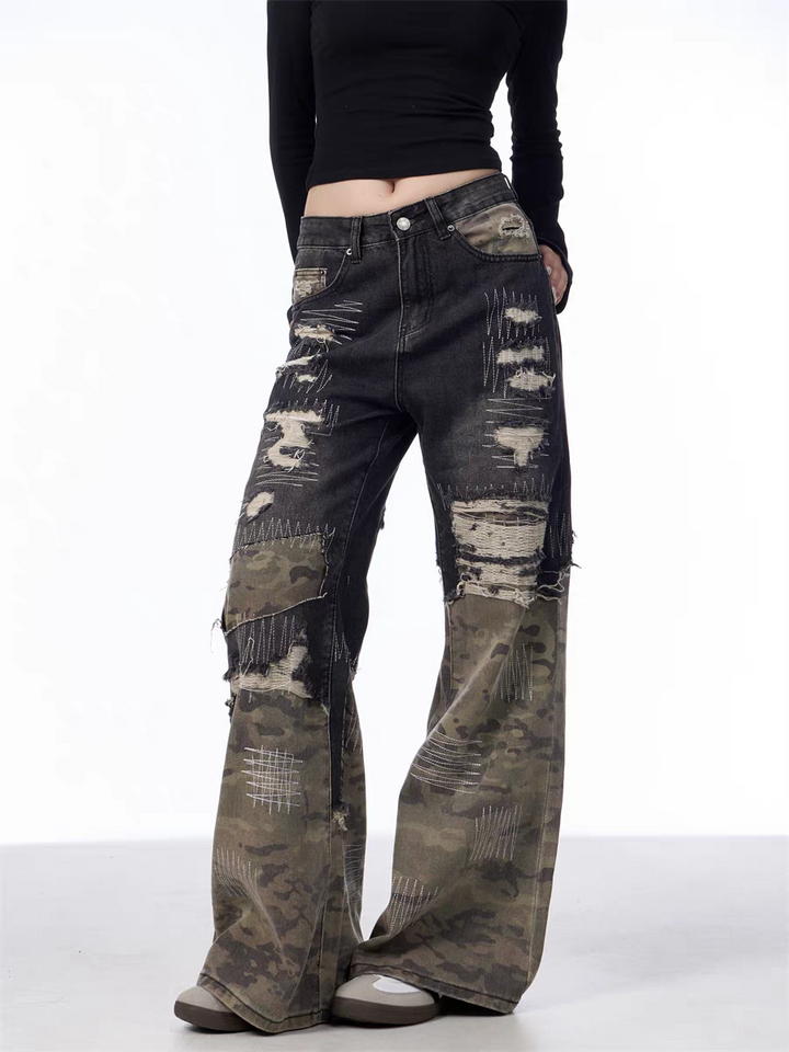 GKIKZ PATCHWORK CAMOUFLAGE WIDE-LEG PANTS