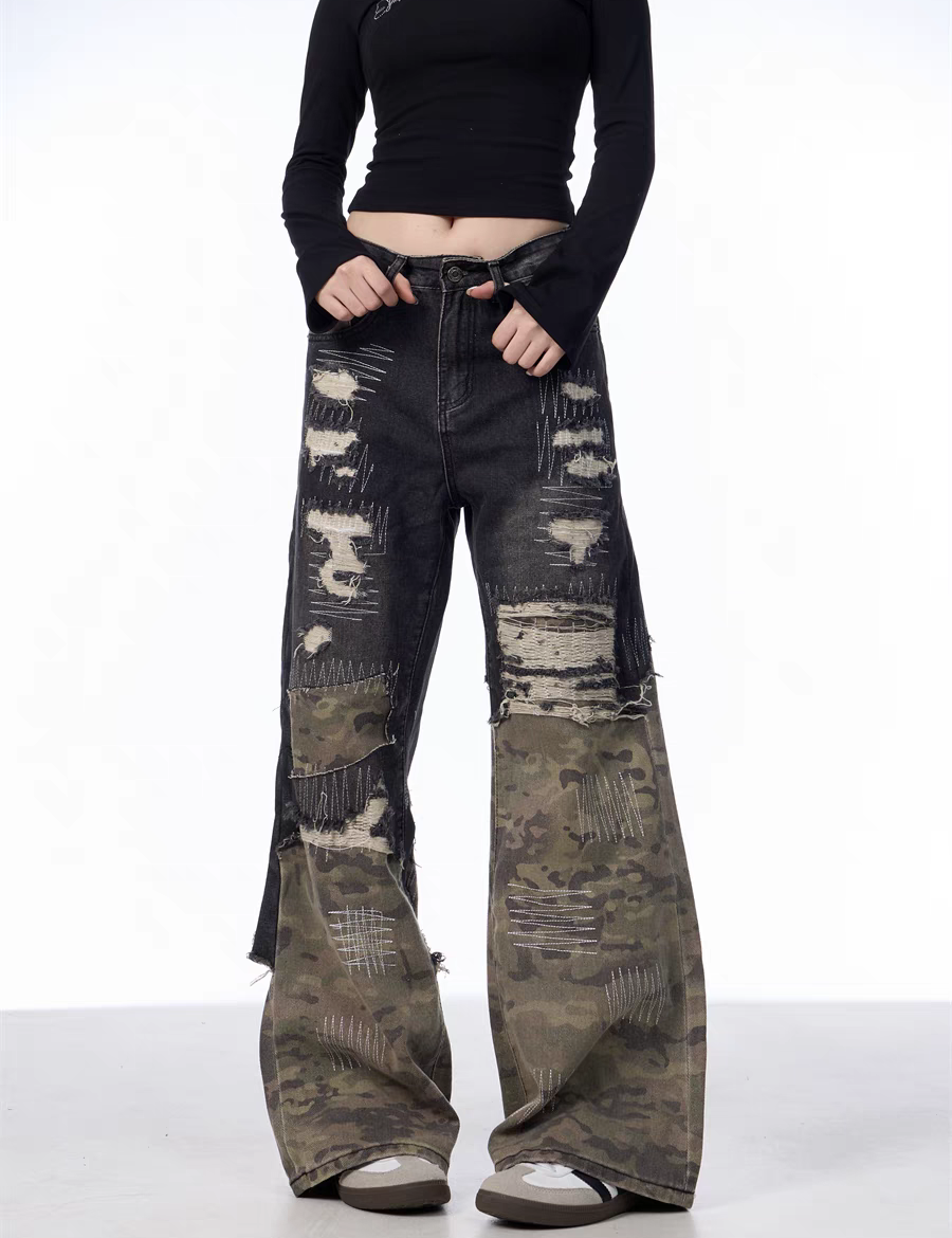GKIKZ PATCHWORK CAMOUFLAGE WIDE-LEG PANTS