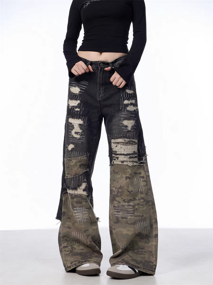 GKIKZ PATCHWORK CAMOUFLAGE WIDE-LEG PANTS